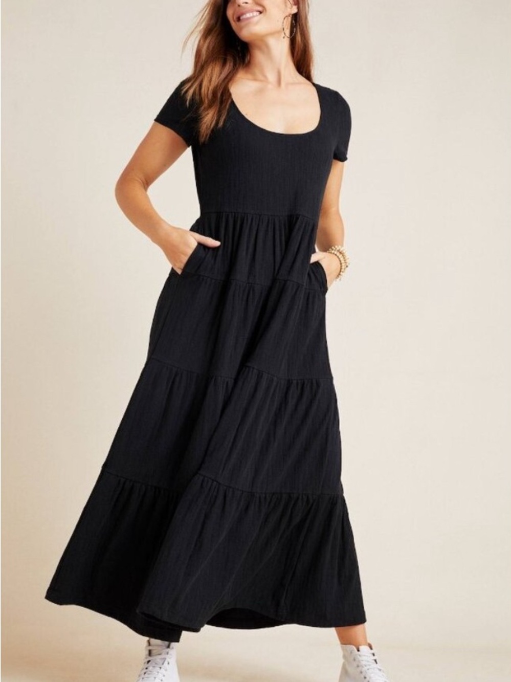 Anthropologie Black Scoop-Neck Tiered Maxi Dress